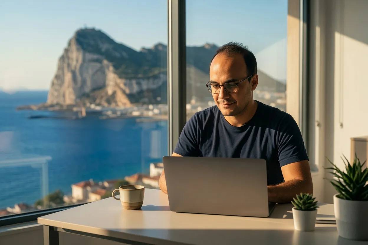 Constantin working at his laptop, with the Rock of Gibraltar across the bay
